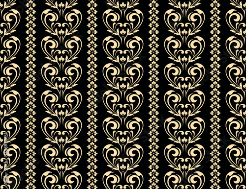 Wallpaper in the style of Baroque. Golden and black floral ornament. Seamless vector background. Graphic pattern for fabric, wallpaper, packaging. Ornate Damask flower illustration
