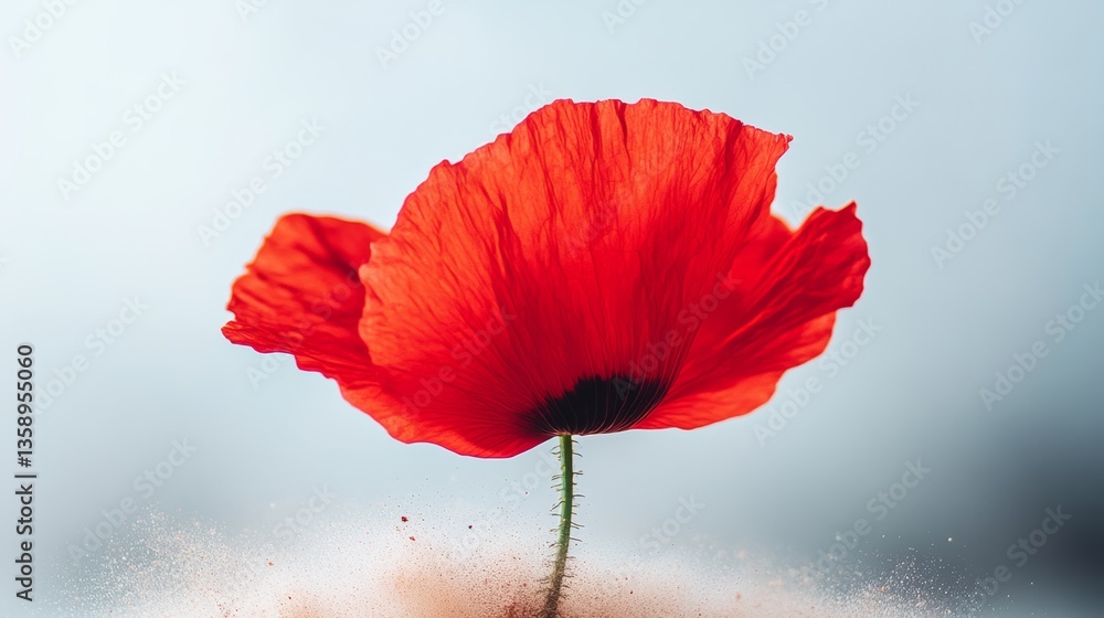 Obraz premium Red poppy flower is the main focus of the image. The flower is surrounded by a small amount of sand, giving it a slightly weathered appearance. Concept of resilience and strength