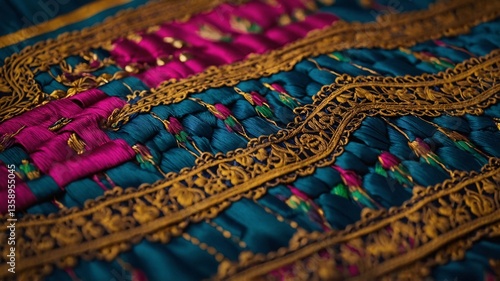 Intricate textile with vibrant teal and magenta embroidery, showcasing traditional craftsmanship and detailed patterns.