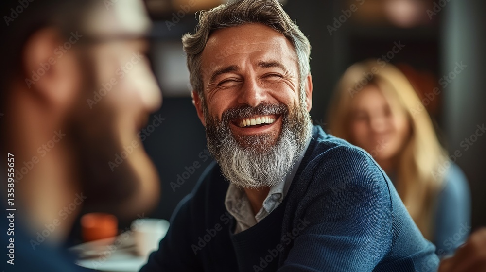 Man with a beard and gray hair is smiling and laughing with two other people. Scene is happy and friendly Man with a beard and gray hair is smiling and laughing with two other people. Scene is happy and friendly