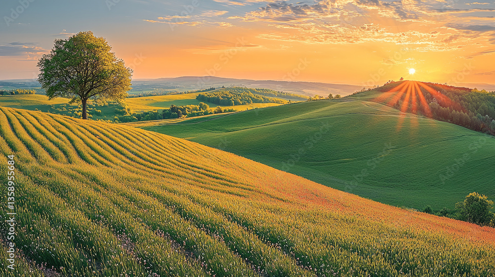 Fototapeta premium beautiful summer sunset illuminates rolling green hills, with solitary tree standing majestically. vibrant colors of sky blend harmoniously, creating serene and peaceful atmosphere
