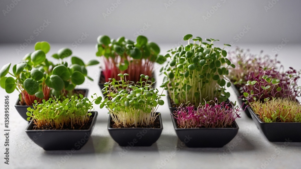 A vibrant display of microgreens, showcasing their rich colors and textures in black trays against a soft background. A vibrant display of microgreens, showcasing their rich colors and textures in black trays against a soft background.