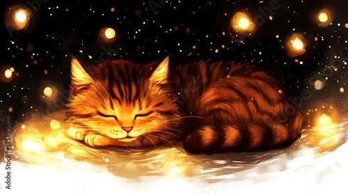 Fototapeta na wymiar Sleeping tabby cat amidst glowing lights.