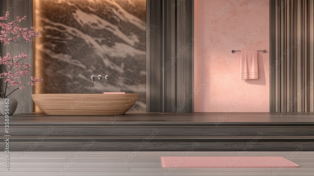 Fototapeta premium Serene Minimalist Bathroom Design: Wooden Bathtub, Pink Accents, and Tranquil Atmosphere