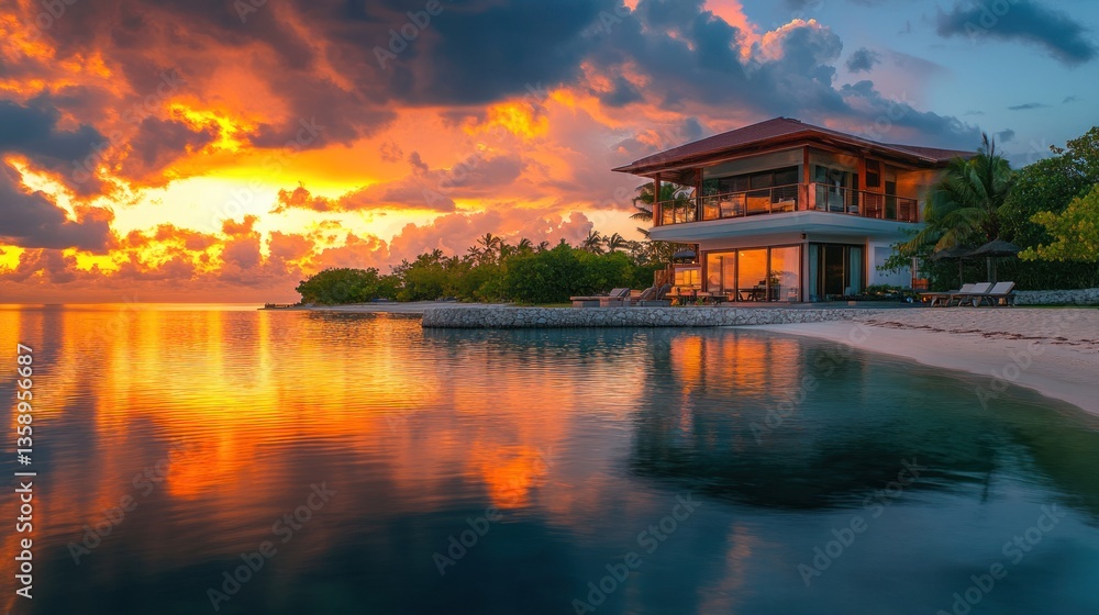 Fototapeta premium Luxurious beachfront villa at sunset reflecting on tranquil waters, a tropical paradise