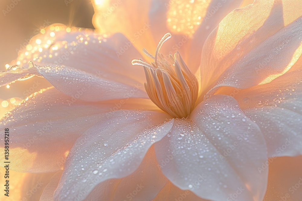Obraz premium The soft petals of a wildflower, with morning dew resting on each one. The warm sunlight highlights the gentle curves of the petals and the delicate pistil at the center.