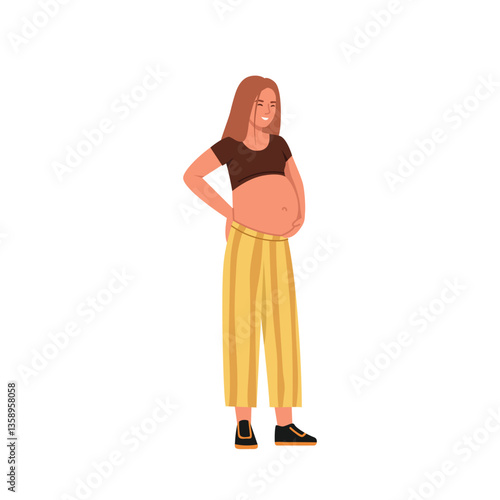 Vector illustration of a happy pregnant woman. Cartoon scene of a smiling young expectant mother, dressed in a top, striped pants, shoes, touching her tummy with care isolated on white background.