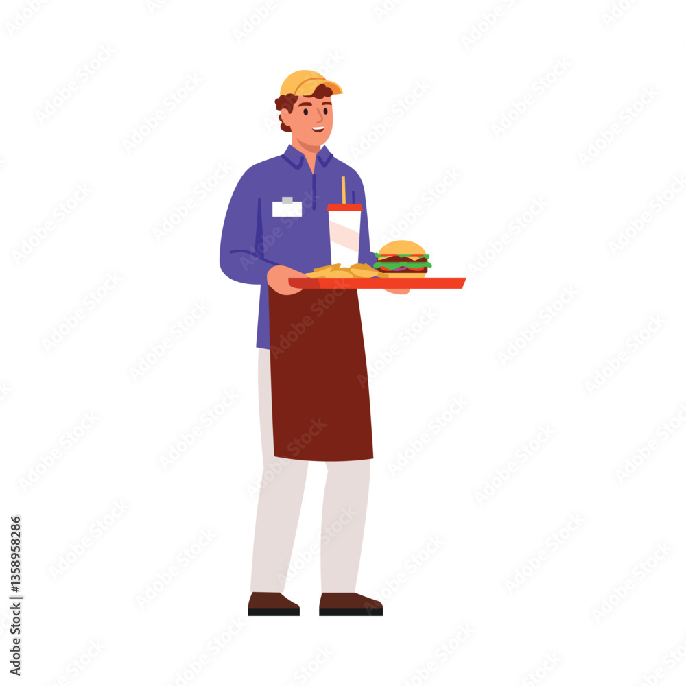 Fototapeta premium Vector illustration of a waiter in a fast food restaurant. Cartoon scene of a smiling guy in an apron, cap, holding a tray with fast food: paper cup of juice,fries,burger isolated on white background.