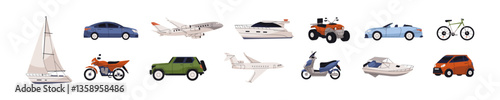 Set of different types of transport. Various vehicles to travel. Modern airplanes, cars, automobiles, boats, yachts, bicycles, motorcycles. Flat isolated vector illustrations on white background.