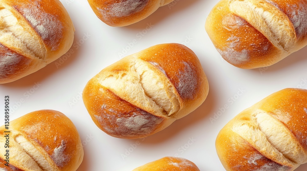 Row of bread loaves with a white crust and a brown interior. The bread is sliced and arranged in a neat row Row of bread loaves with a white crust and a brown interior. The bread is sliced and arranged in a neat row