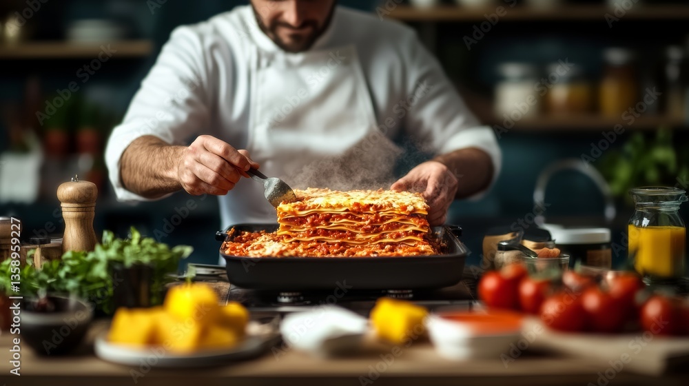 Chef is making lasagna in a kitchen. The lasagna is piled high and is being cooked on a stove. There are several bottles and bowls on the counter Chef is making lasagna in a kitchen. The lasagna is piled high and is being cooked on a stove. There are several bottles and bowls on the counter