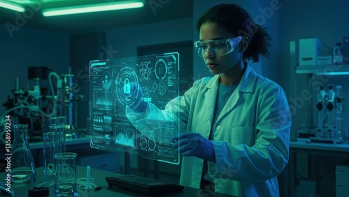 Obraz na płótnie Young African American female scientist in a lab coat and safety glasses using futuristic digital interface, surrounded by lab equipment, Focus on science and technology, w salonie