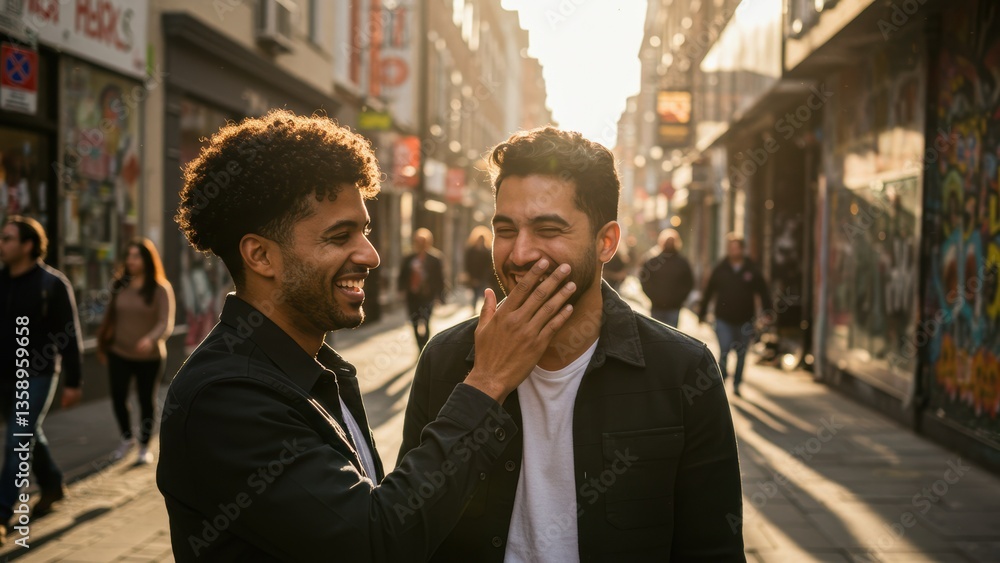 Two middle-eastern men, 20-30 years old, stand on a sunny urban street, laughing, They are dressed casually, City buildings are in the background, depicting friendship and happiness,