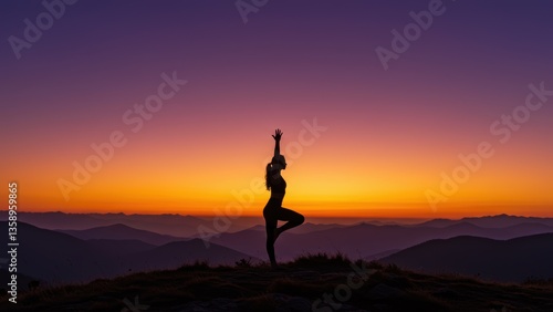 Wallpaper Mural Silhouette of a young adult Caucasian woman doing yoga tree pose atop a grassy mountain at sunrise, Dramatic landscape, focus on mindfulness and healthy lifestyle, Torontodigital.ca
