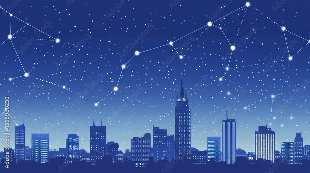 Night city skyline with starry connections. Possible use Abstract background Night city skyline with starry connections. Possible use Abstract background