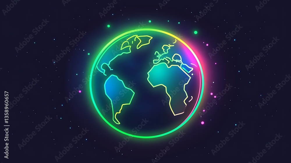 Fototapeta premium Glowing neon globe icon in green and blue with illuminated continents on dark background