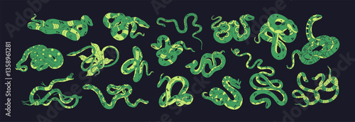Abstract green snakes set. Different venomous serpents and exotic boas. Poisonous vipers, cobras and tropical pythons with patterned skin. Jungle animals, reptiles. Flat isolated vector illustrations.