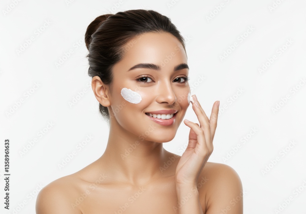 Happy young woman moisturizing her face with a gentle touch Happy young woman moisturizing her face with a gentle touch