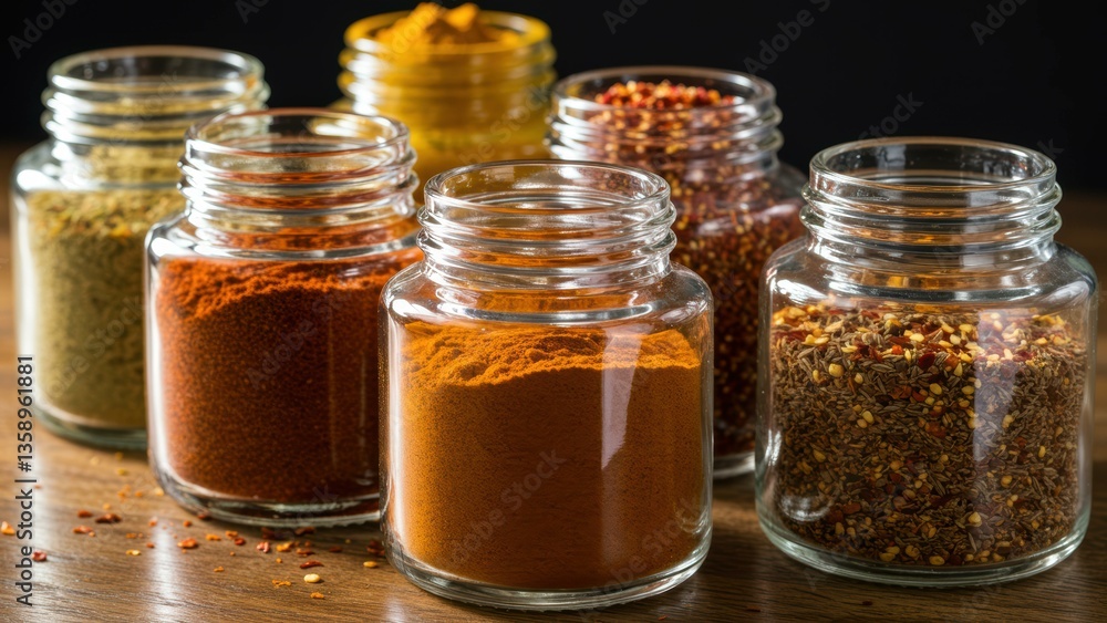 Six open glass jars sit on wood surface, filled with colorful culinary spices, Dark background and soft lighting evoke organic, gourmet cooking, and healthy eating, Six open glass jars sit on wood surface, filled with colorful culinary spices, Dark background and soft lighting evoke organic, gourmet cooking, and healthy eating,