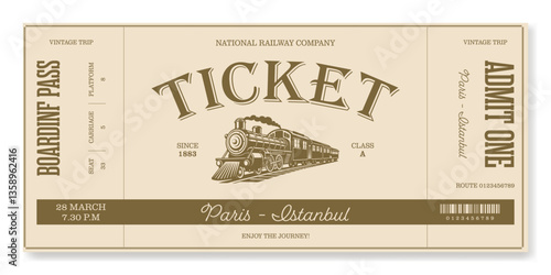 Retro train ticket template with classic typography. Ideal for excursion routes, retro parties, ticket designs, clubs and other projects. Vector, can be used for printing. Just add your text.	