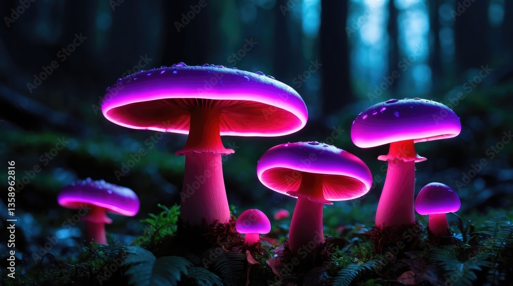 Fototapeta premium Glowing purple mushrooms with neon light-like stems, set in a mystical, dark forest environment.
