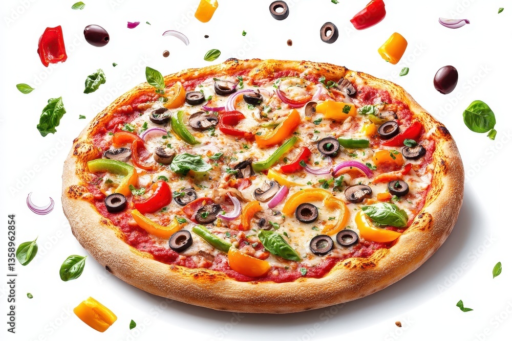 Delicious pizza with peppers, olives, mushrooms, and onions on a white background. Great image for food blogs, menus, or promoting pizza restaurants online. Delicious pizza with peppers, olives, mushrooms, and onions on a white background. Great image for food blogs, menus, or promoting pizza restaurants online.