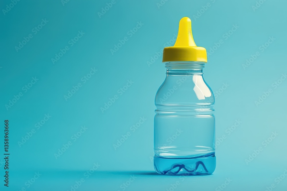 A baby bottle with yellow top sitting on blue background A baby bottle with yellow top sitting on blue background