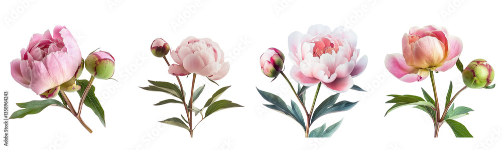 Fototapeta premium pink peonies blooming flower collection on transparent background