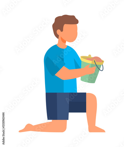 A child in a blue shirt and shorts kneels while holding a green bucket. Ideal for summer activities, outdoor play, childhood innocence, vacation fun, and beach themes. Simple vector art style