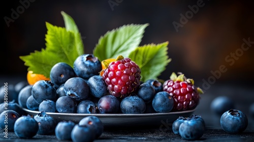 Wallpaper Mural Plate of blueberries and raspberries with green leaves. The plate is on a table Torontodigital.ca