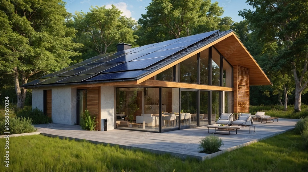 Modern eco-friendly home with solar panels in a lush green setting, featuring large windows and a spacious deck. Modern eco-friendly home with solar panels in a lush green setting, featuring large windows and a spacious deck.