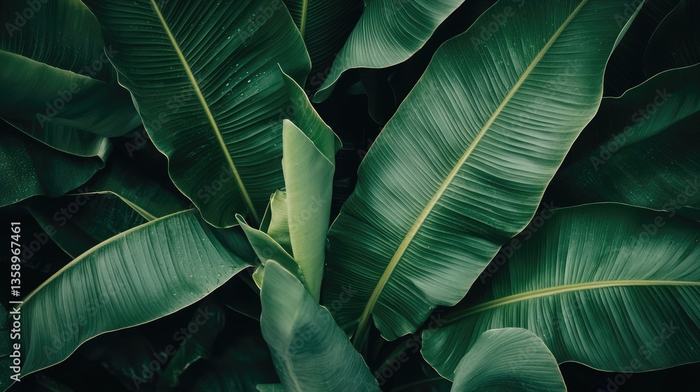 Obraz premium A close-up of water droplets on vibrant green banana leaves, emphasizing freshness.