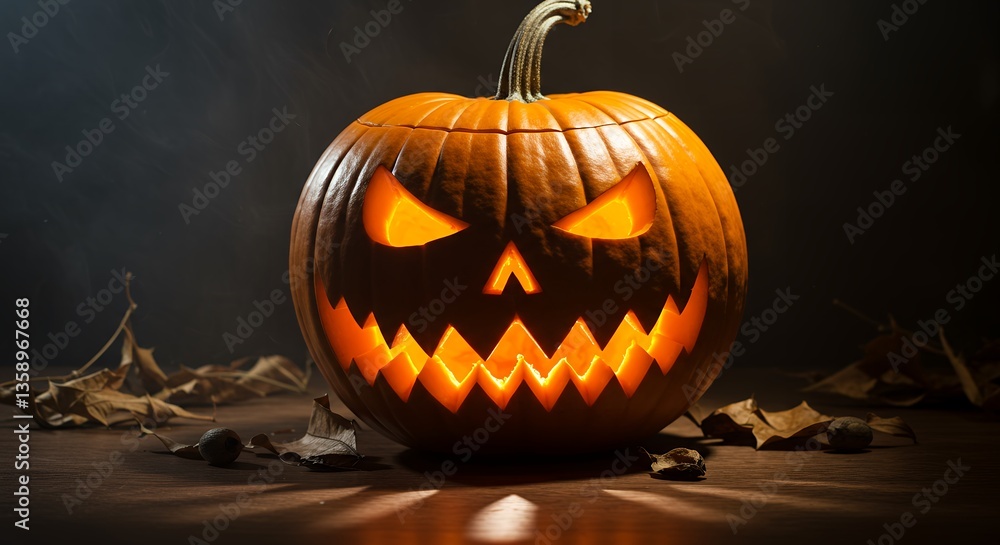 Fototapeta premium Carved Pumpkin Still Life with Dramatic Halloween Lighting