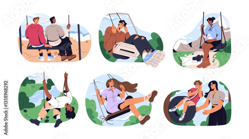 Happy people are on swing outdoors set. Carefree characters are sitting, rides on plank is hanged with rope on tree in park. Men and women relax in summer. Flat isolated vector illustrations on white.