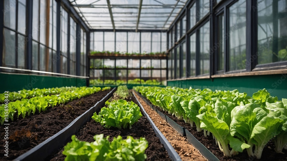 custom made wallpaper toronto digitalLush green lettuce growing in a sunny greenhouse, showcasing vibrant rows of healthy plants.
