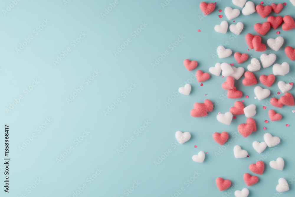 Pink and white hearts creating romantic valentine's day border on pastel blue background Pink and white hearts creating romantic valentine's day border on pastel blue background
