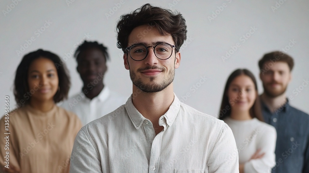 Obraz premium Confident Team Leader Standing with Diverse Coworkers in Studio