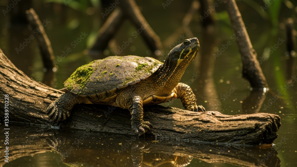 Turtle basking on a log in a swamp, Calm, sunny daylight, close shot, Wildlife shot, Aquatic animal resting on a branch in a murky habitat, Balance, Turtle basking on a log in a swamp, Calm, sunny daylight, close shot, Wildlife shot, Aquatic animal resting on a branch in a murky habitat, Balance,