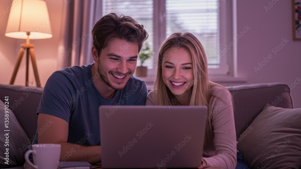 Smiling Caucasian adults, early 30s, use laptop indoors at home, Man and woman share screen, illuminated by device, radiating cheerful and cozy home lifestyle,