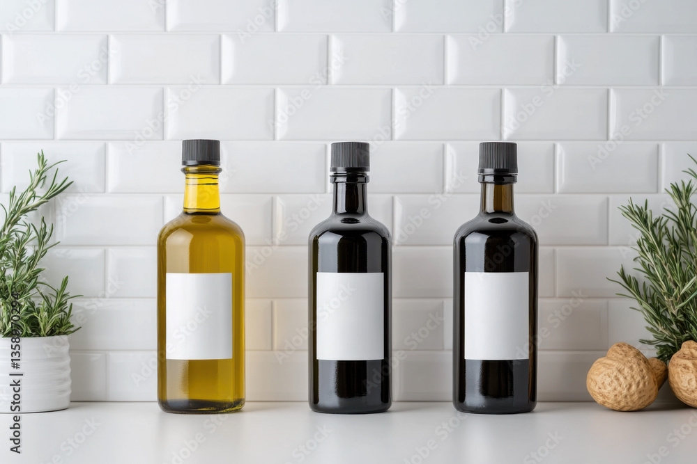 Three elegant oil bottles with blank labels displayed in modern kitchen setting Three elegant oil bottles with blank labels displayed in modern kitchen setting