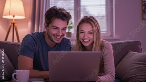 Obraz na płótnie Smiling Caucasian adults, early 30s, use laptop indoors at home, Man and woman share screen, illuminated by device, radiating cheerful and cozy home lifestyle, w salonie