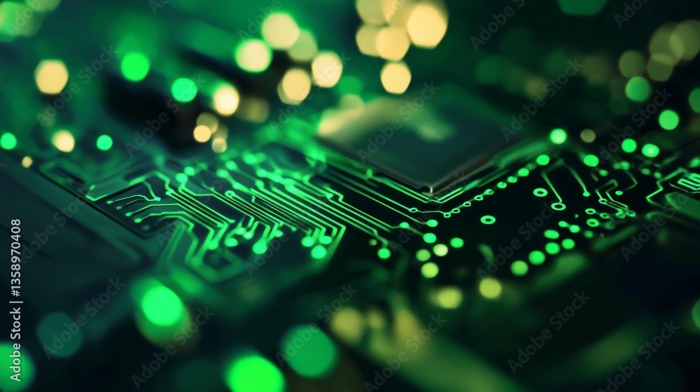 Obraz premium Circuit board illustration with green lights and bokeh effect representing electronic innovation