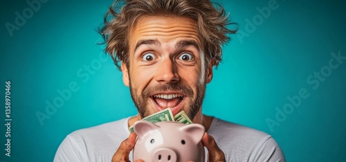 Man is holding a piggy bank full of money and smiling. Concept of happiness and accomplishment, as the man has saved up enough money to fill the piggy bank