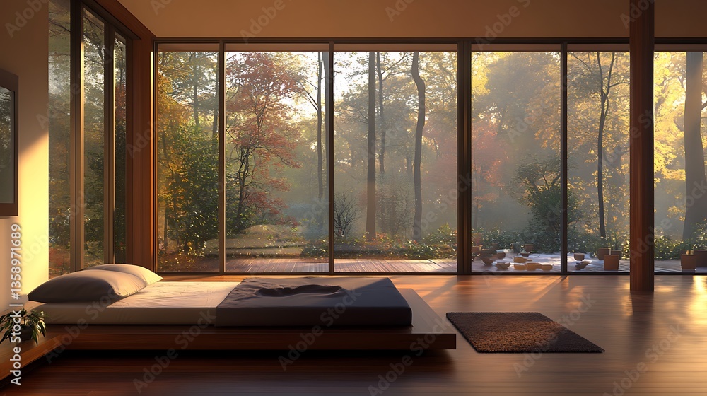 Fototapeta premium A Modern Bedroom with a Comfortable Seating Area and Warm Lighting