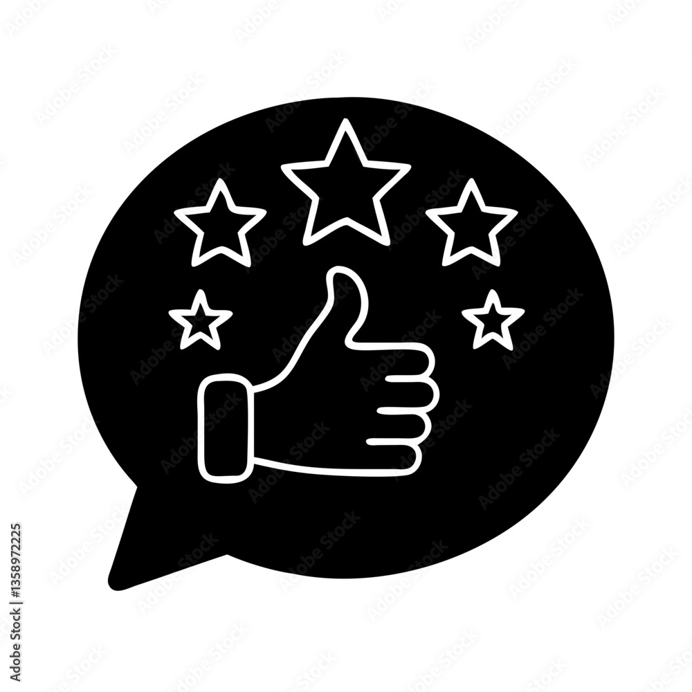 Thumbs up with stars in speech bubble in black circle Thumbs up with stars in speech bubble in black circle