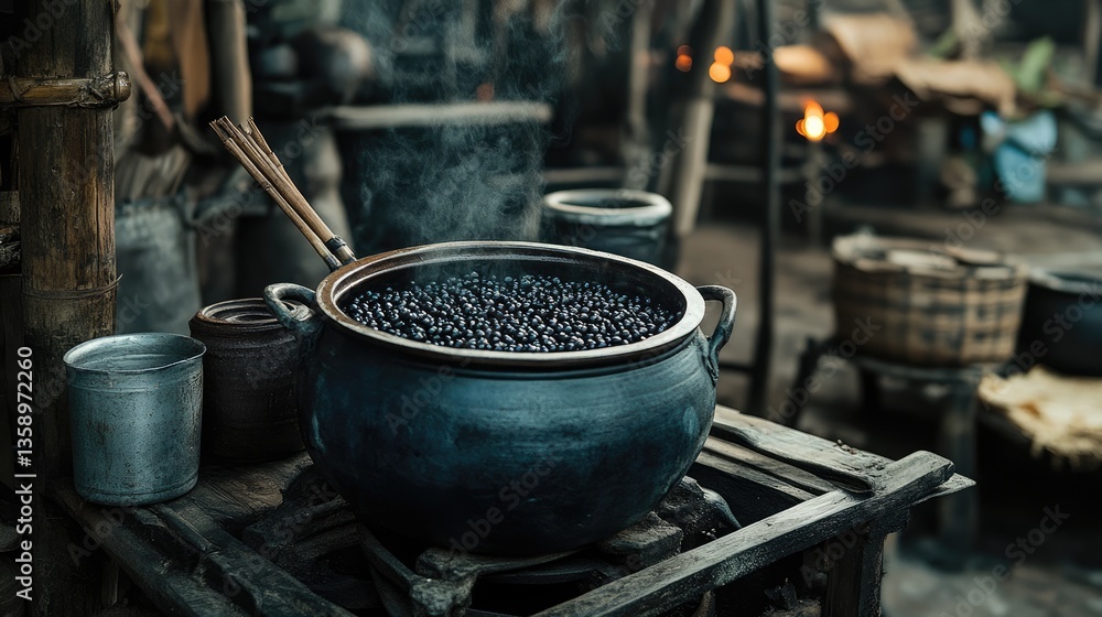 A traditional Thai kitchen setup featuring a pot of boiling black beans on a clay stove. A traditional Thai kitchen setup featuring a pot of boiling black beans on a clay stove.