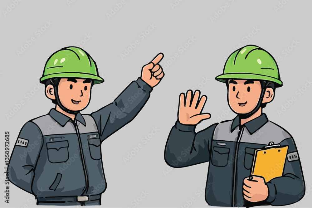 Two Construction Workers Pointing and Waving, Wearing Green Helmets and Uniforms Two Construction Workers Pointing and Waving, Wearing Green Helmets and Uniforms