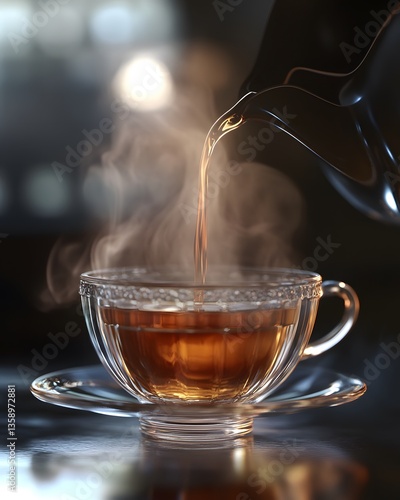 Hot Tea Being Poured into a Glass Cup with Steam Rising.  Cozy Beverage Scene