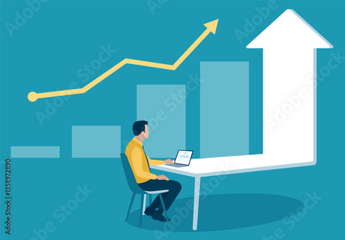 Planning a goal. Successful investment. Businessman sitting at a desk imagining growth and success. Business vector illustration