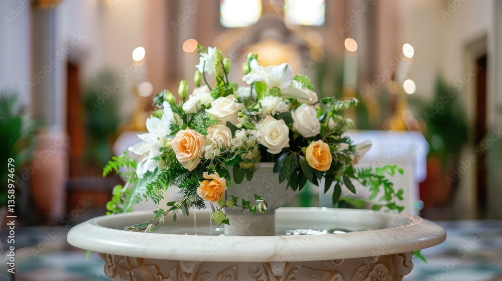 Fototapeta premium A baptismal font adorned with flowers and greenery for the ceremony.